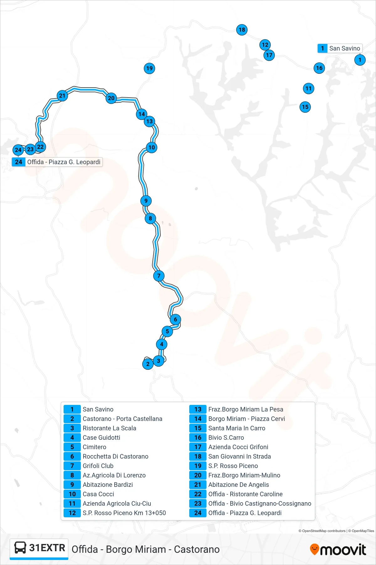 Linea 31EXTR bus (Offida - Piazza G. Leopardi) - Percorsi e fermate sulla mappa