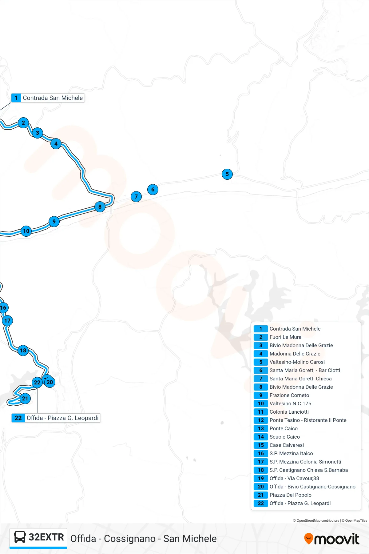 Linea 32EXTR  bus (Offida - Piazza G. Leopardi) - Percorsi e fermate sulla mappa