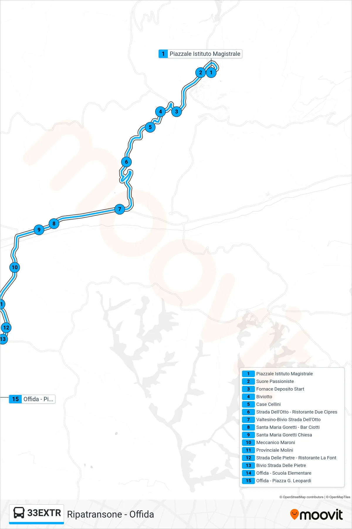 Linea 33EXTR  bus (Offida - Piazza G. Leopardi) - Percorsi e fermate sulla mappa