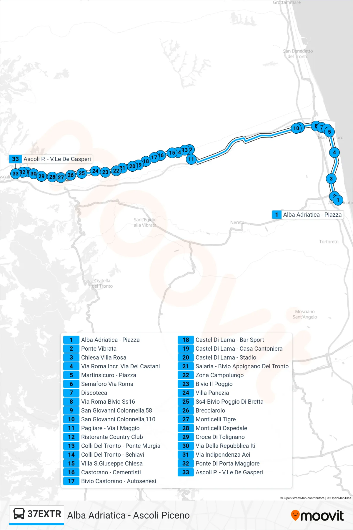 Linea 37EXTR bus (Ascoli P. - V.Le De Gasperi) - Percorsi e fermate sulla mappa