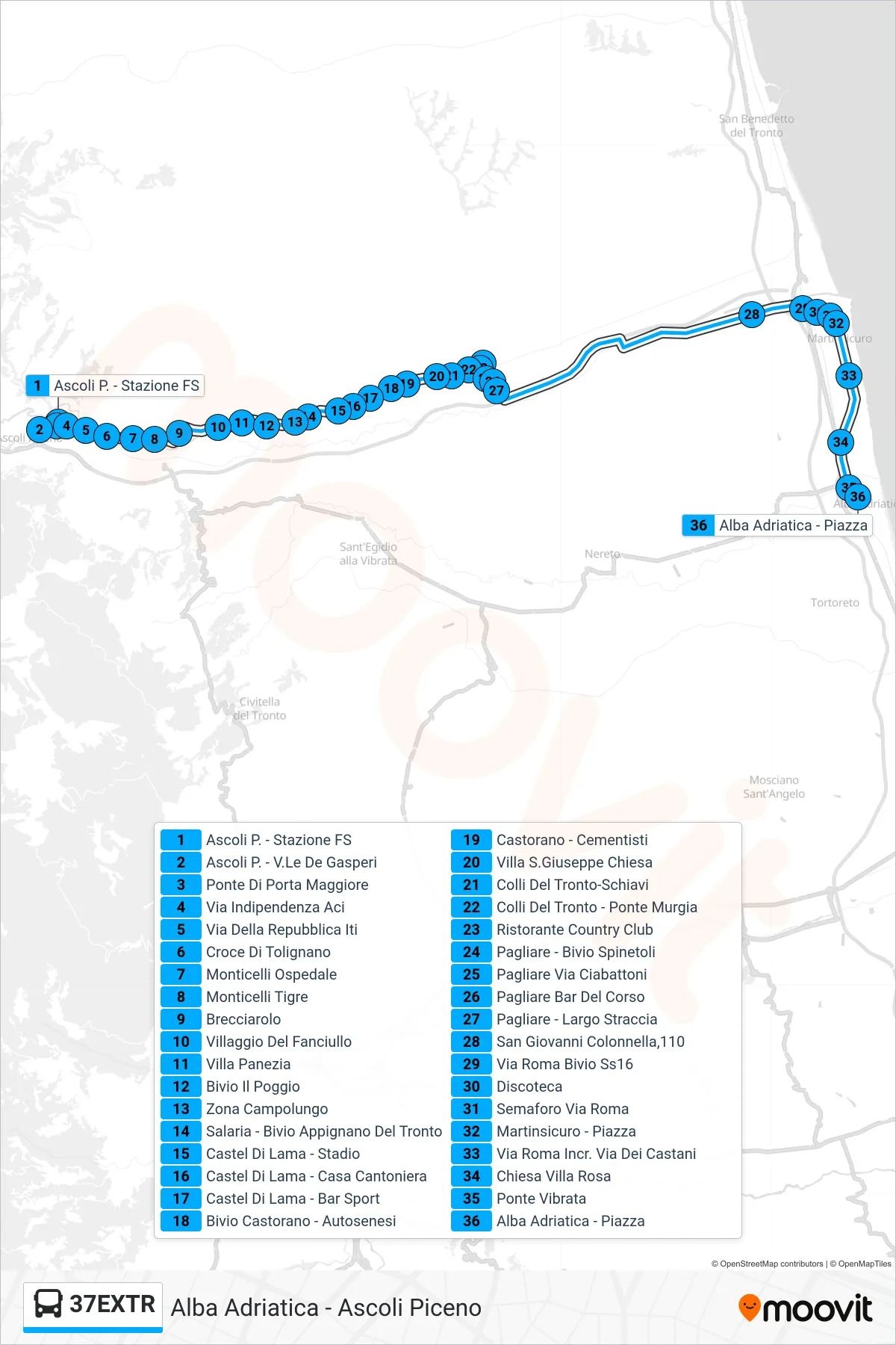 Linea 37EXTR bus (Alba Adriatica - Piazza) - Percorsi e fermate sulla mappa