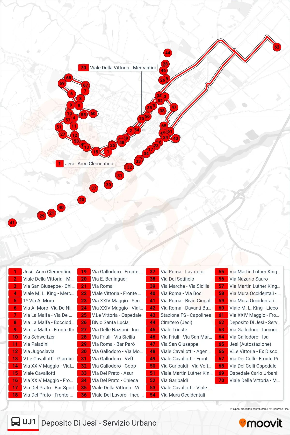Linea UJ1 bus (Deposito Di Jesi - Servizio Urbano) - Percorsi e fermate sulla mappa