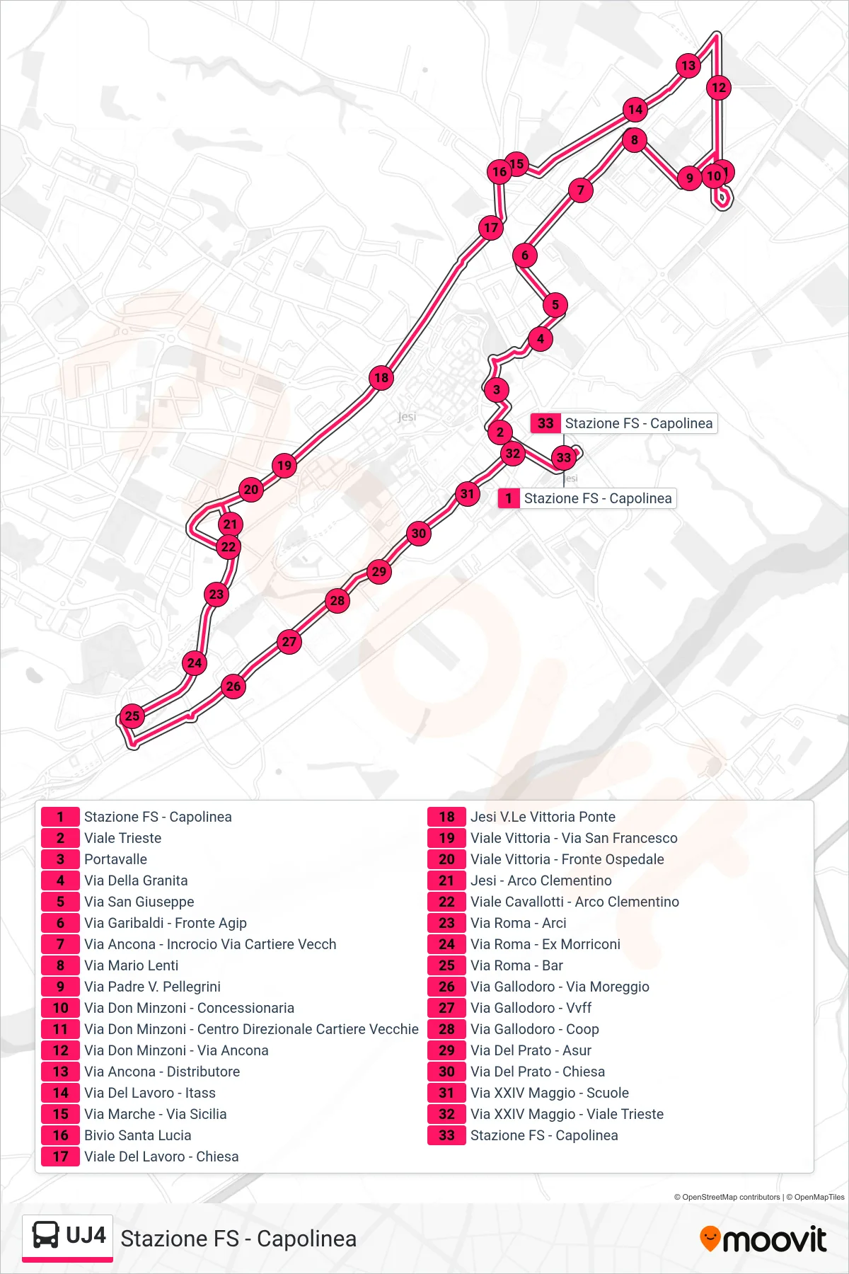 Linea UJ4  bus (Stazione FS - Capolinea) - Percorsi e fermate sulla mappa