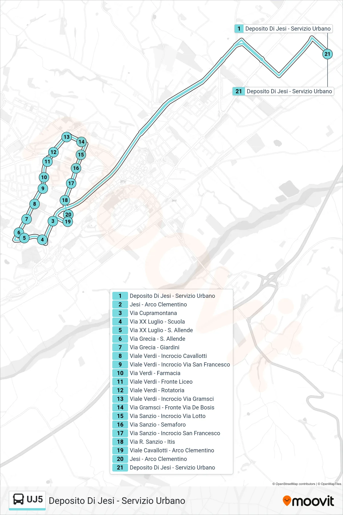 Linea UJ5  bus (Deposito Di Jesi - Servizio Urbano) - Percorsi e fermate sulla mappa