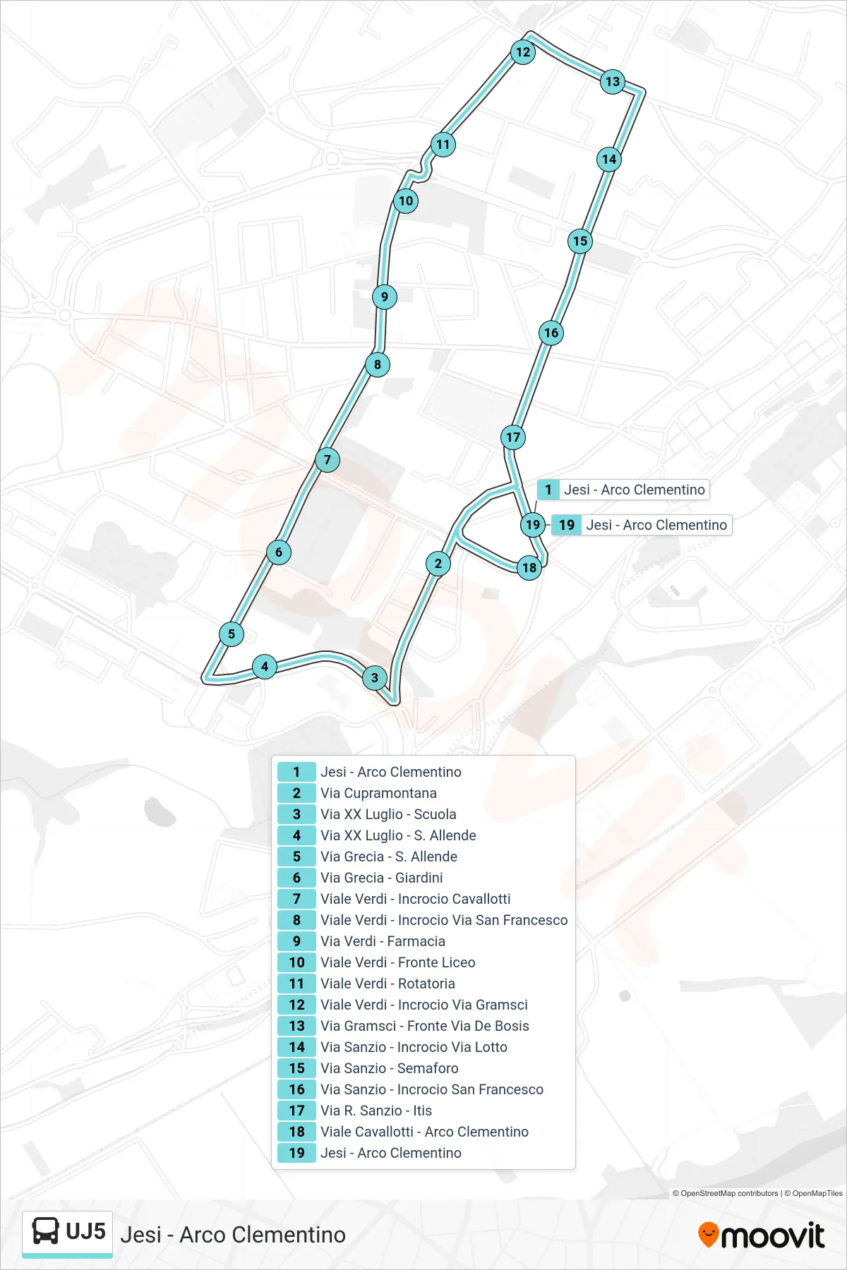 Linea UJ5 bus (Jesi - Arco Clementino) - Percorsi e fermate sulla mappa