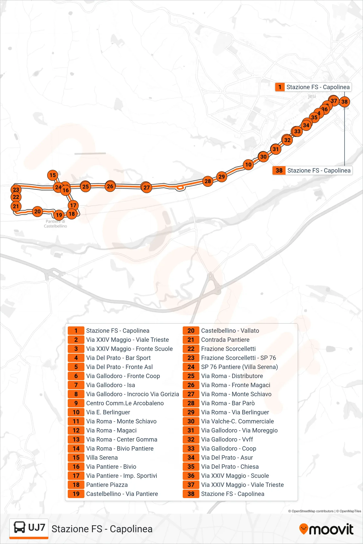 Linea UJ7  bus (Stazione FS - Capolinea) - Percorsi e fermate sulla mappa