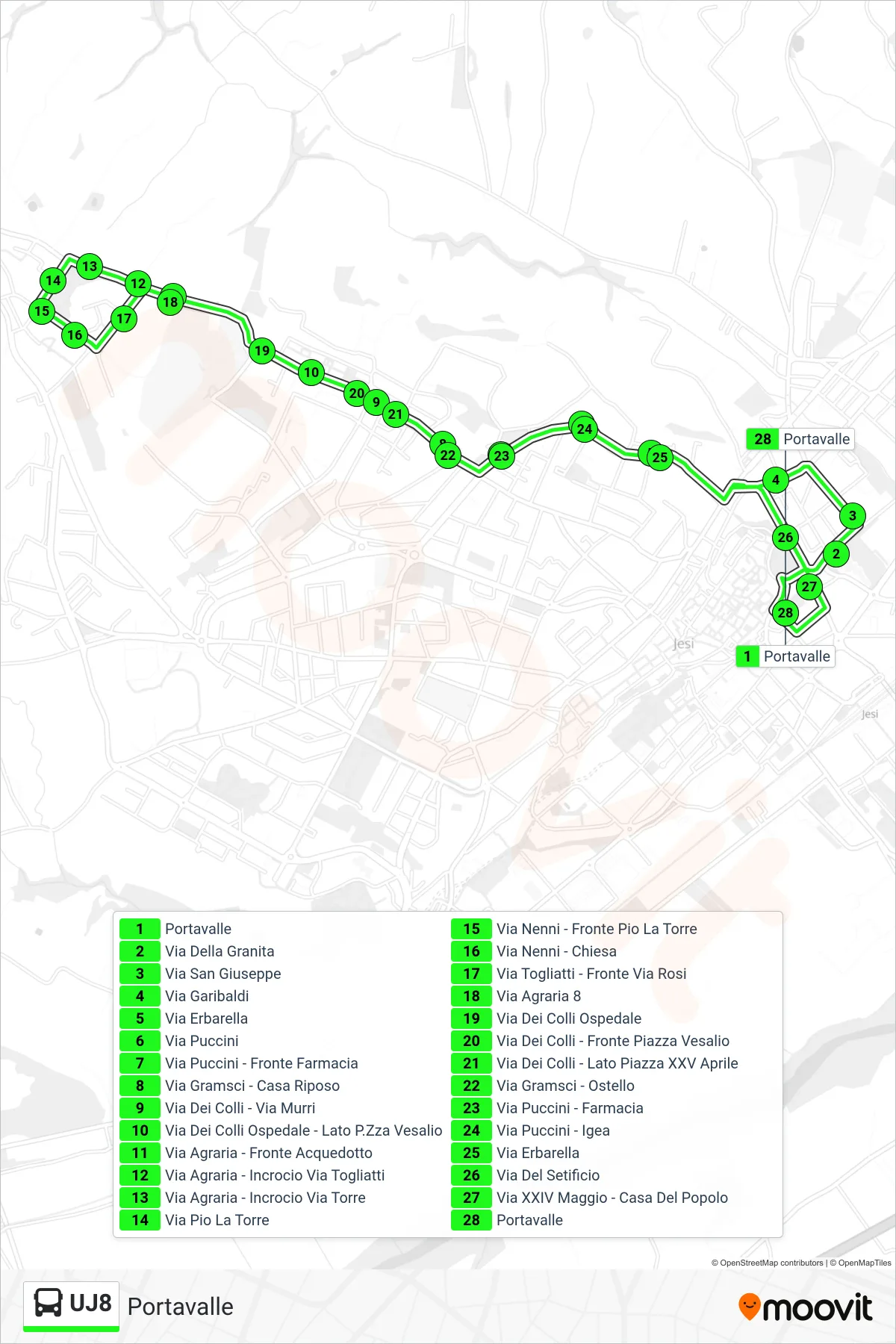 Linea UJ8  bus (Portavalle) - Percorsi e fermate sulla mappa