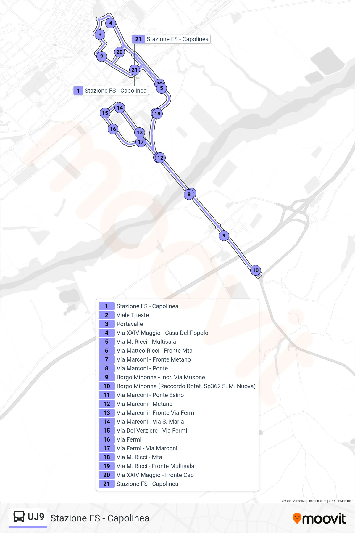 Linea UJ9 bus (Stazione FS - Capolinea) - Percorsi e fermate sulla mappa