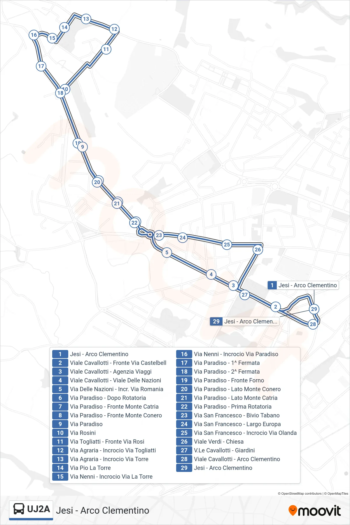 Linea UJ2A  bus (Jesi - Arco Clementino) - Percorsi e fermate sulla mappa