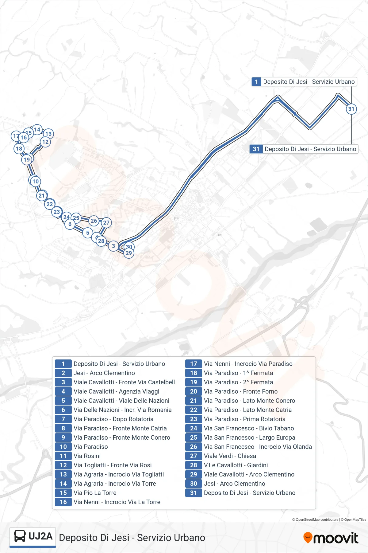 Linea UJ2A bus (Deposito Di Jesi - Servizio Urbano) - Percorsi e fermate sulla mappa