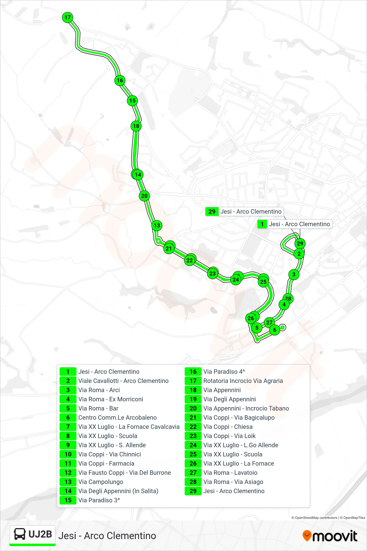 Linea UJ2B bus (Jesi - Arco Clementino) - Percorsi e fermate sulla mappa