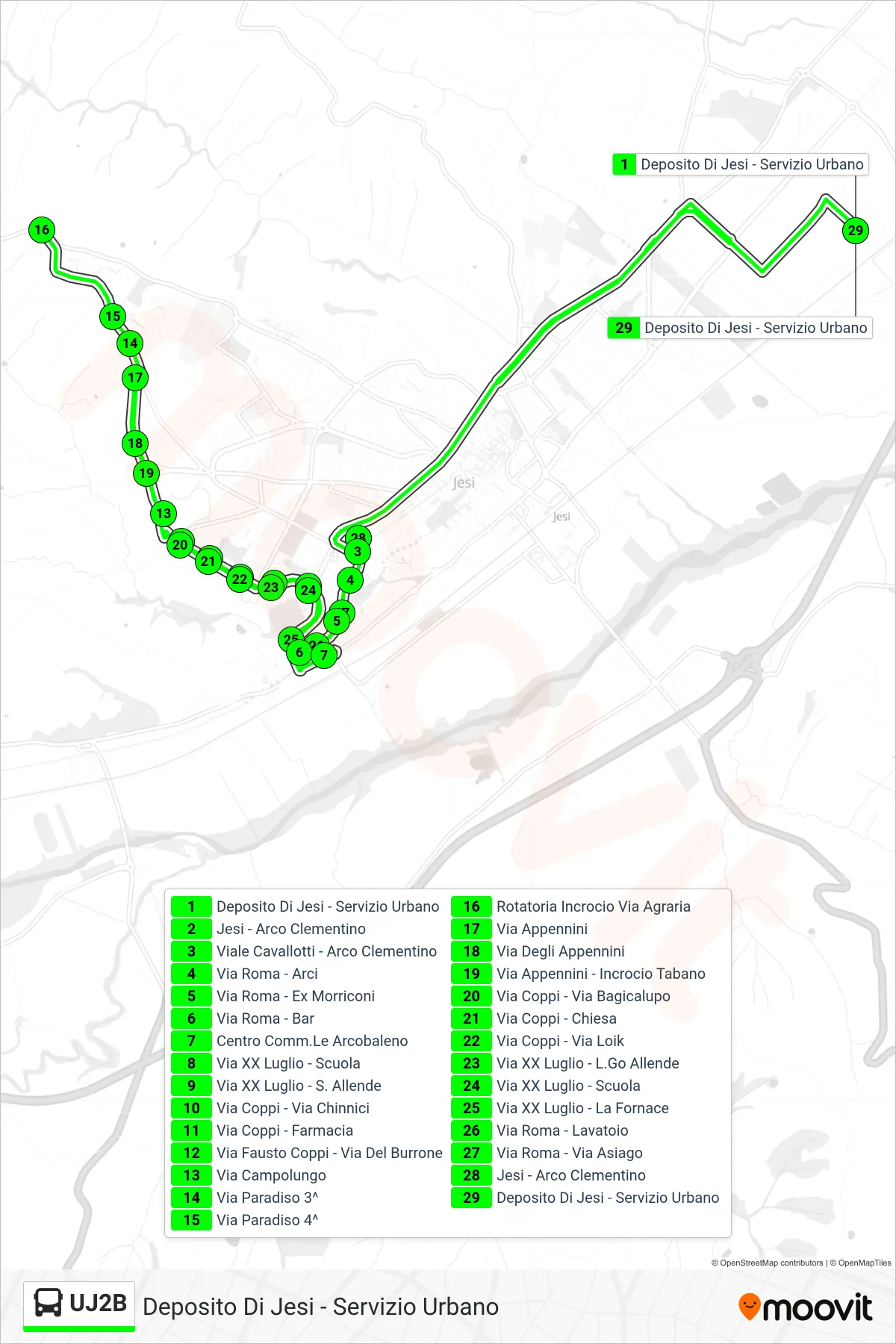 Linea UJ2B bus (Deposito Di Jesi - Servizio Urbano) - Percorsi e fermate sulla mappa