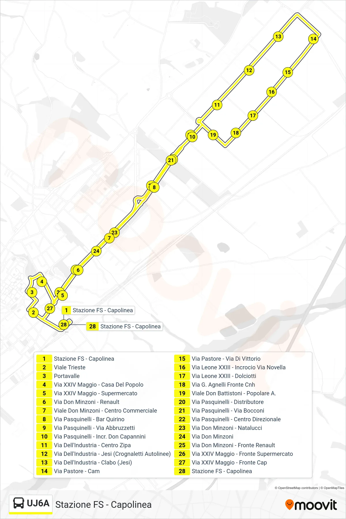 Linea UJ6A bus (Stazione FS - Capolinea) - Percorsi e fermate sulla mappa
