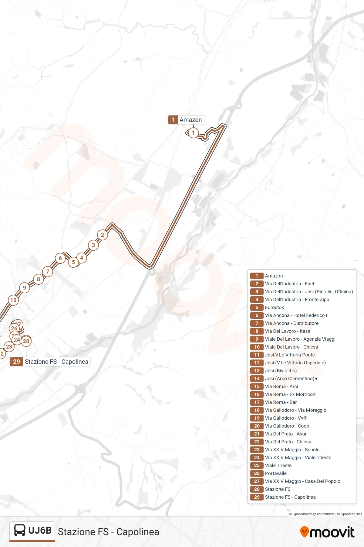Linea UJ6B bus (Stazione FS - Capolinea) - Percorsi e fermate sulla mappa