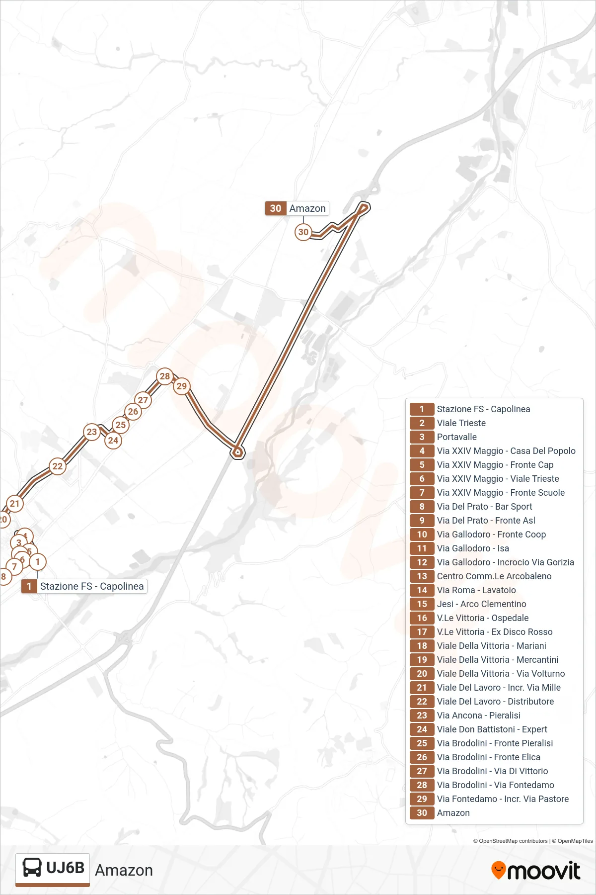 Linea UJ6B bus (Amazon) - Percorsi e fermate sulla mappa