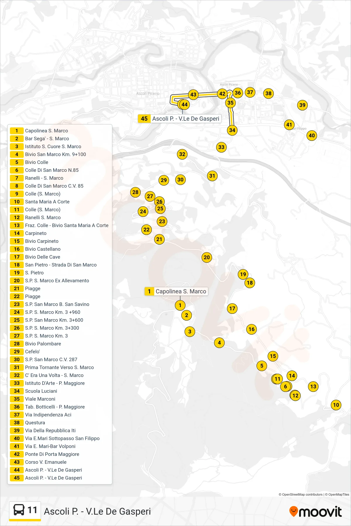 Linea 11 bus (Ascoli P. - V.Le De Gasperi) - Percorsi e fermate sulla mappa