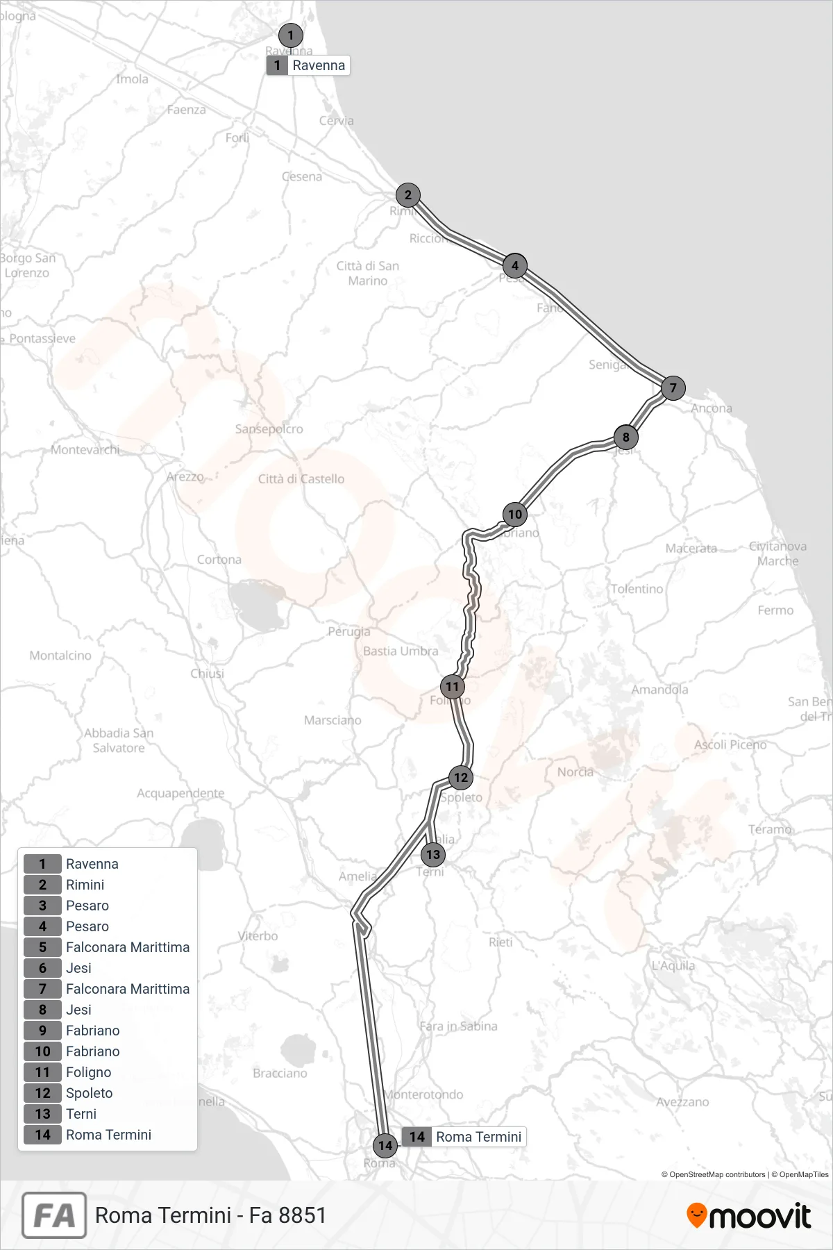 Linea FA treno (Roma Termini - Fa 8851) - Percorsi e fermate sulla mappa