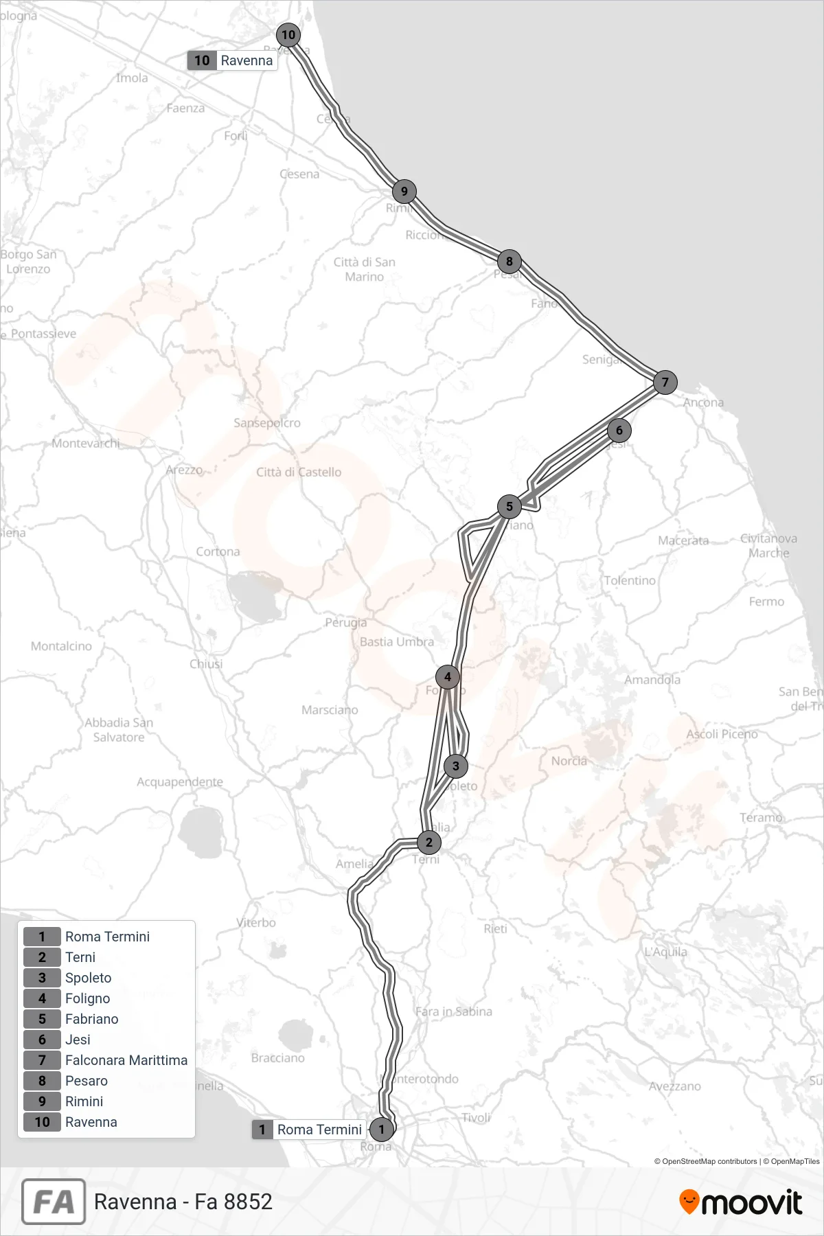 Linea FA treno (Ravenna - Fa 8852) - Percorsi e fermate sulla mappa