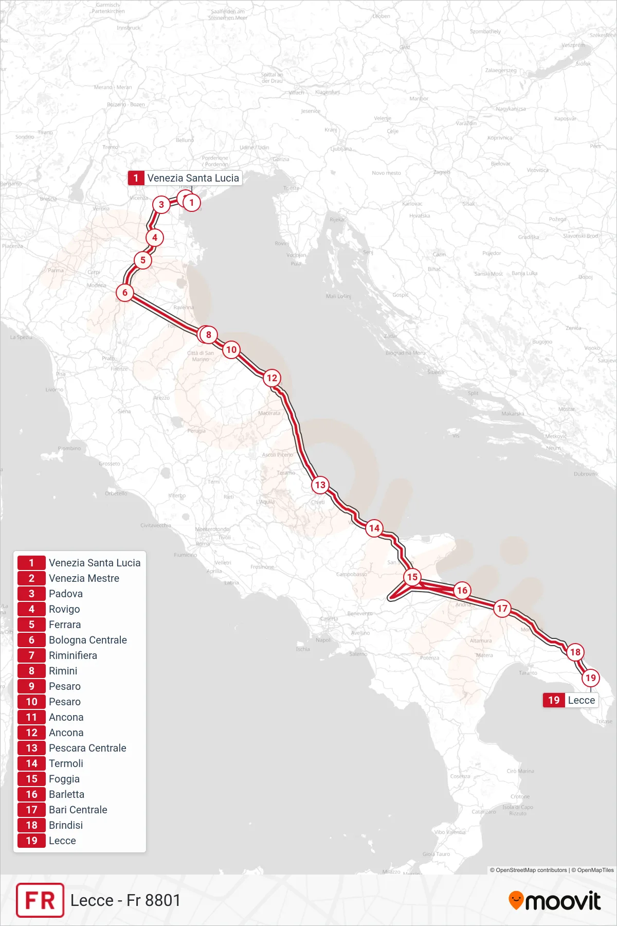 Linea FR treno (Lecce - Fr 8801) - Percorsi e fermate sulla mappa