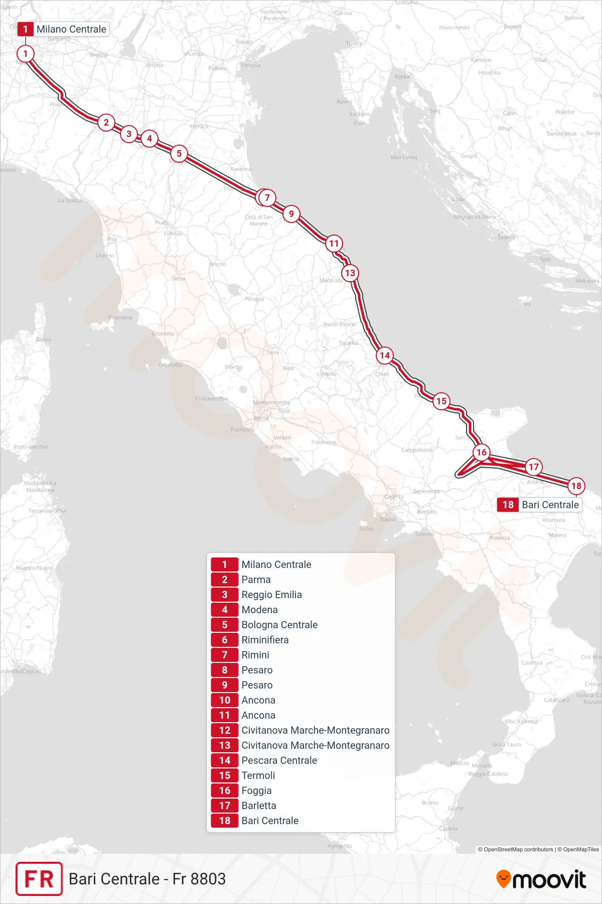 Linea FR treno (Bari Centrale - Fr 8803) - Percorsi e fermate sulla mappa