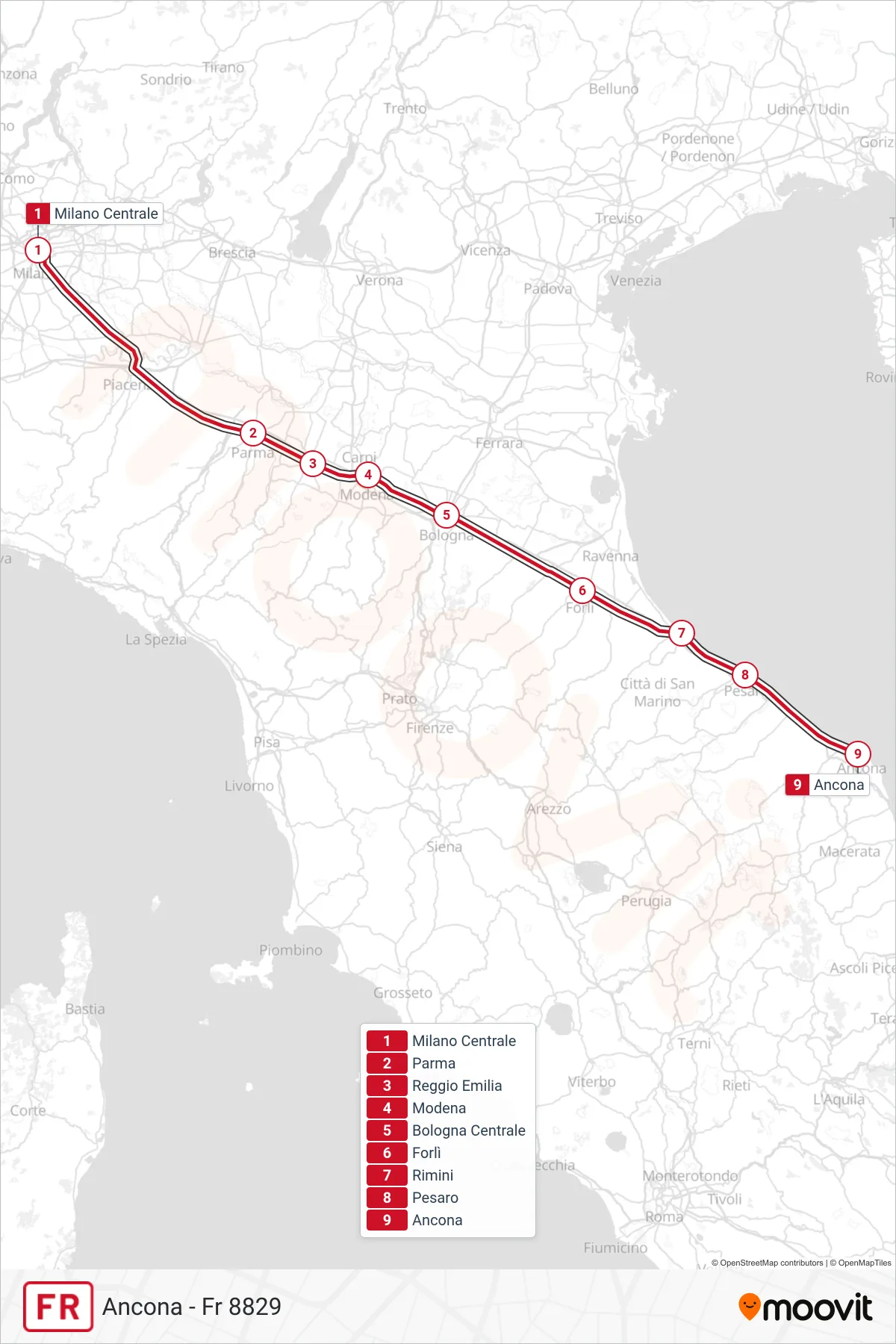 Linea FR  treno (Ancona - Fr 8829) - Percorsi e fermate sulla mappa