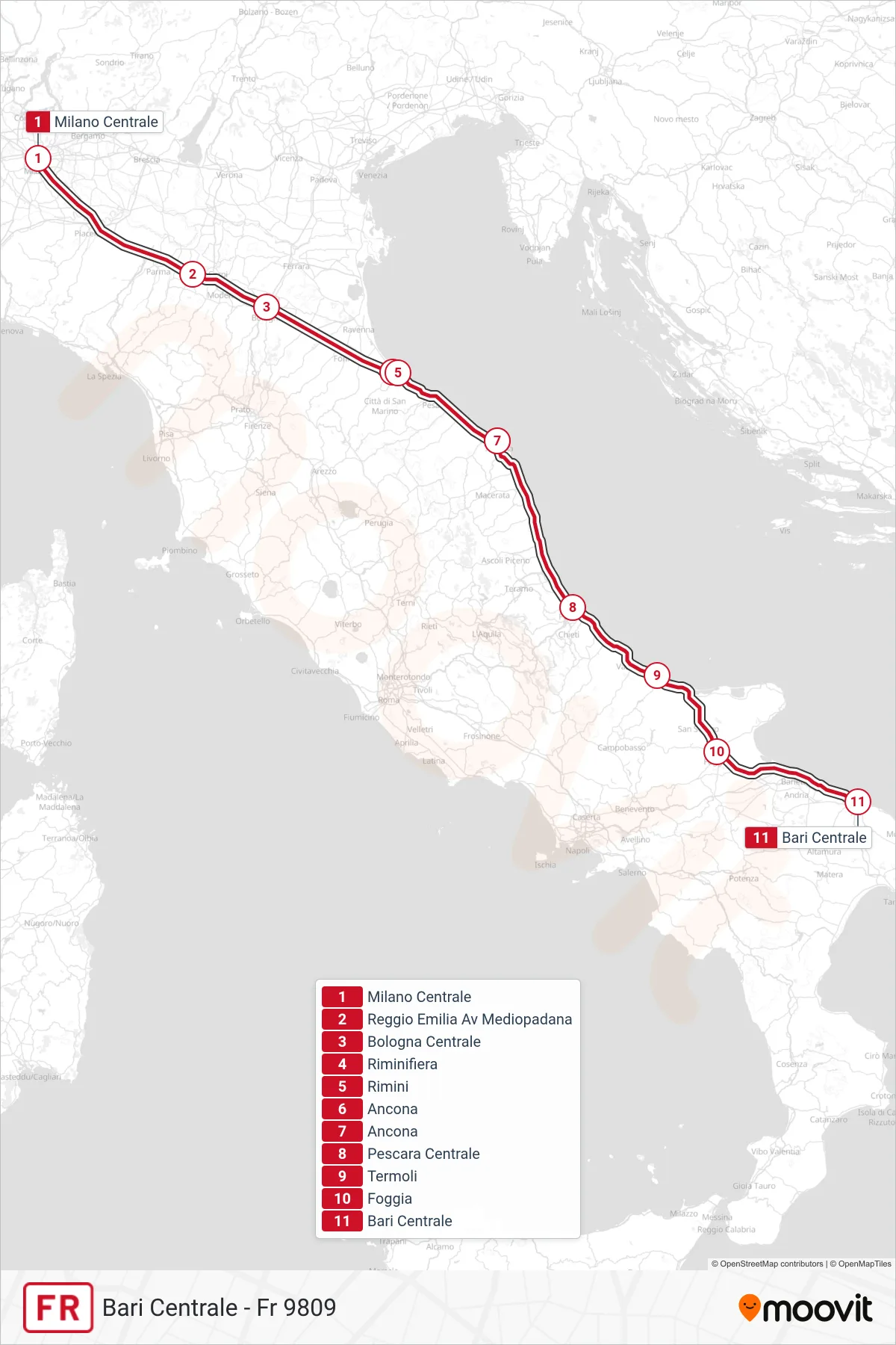 Linea FR treno (Bari Centrale - Fr 9809) - Percorsi e fermate sulla mappa
