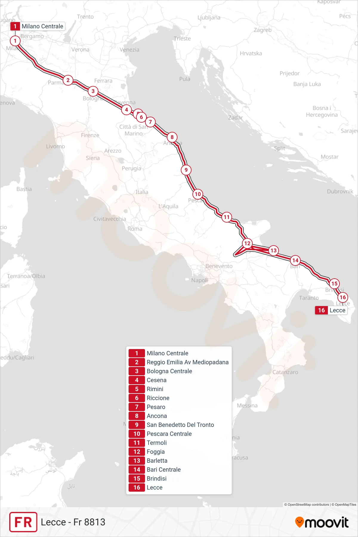 Linea FR treno (Lecce - Fr 8813) - Percorsi e fermate sulla mappa