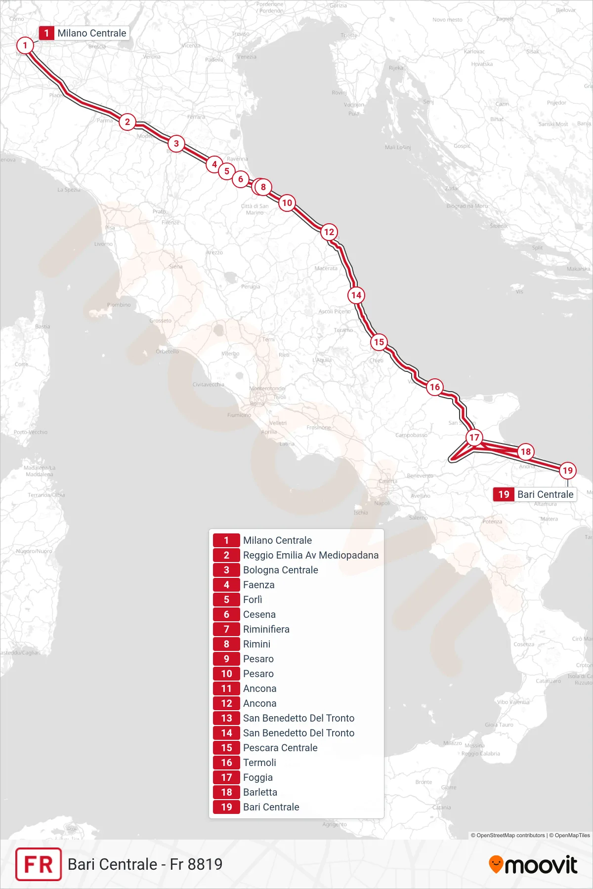 Linea FR  treno (Bari Centrale - Fr 8819) - Percorsi e fermate sulla mappa