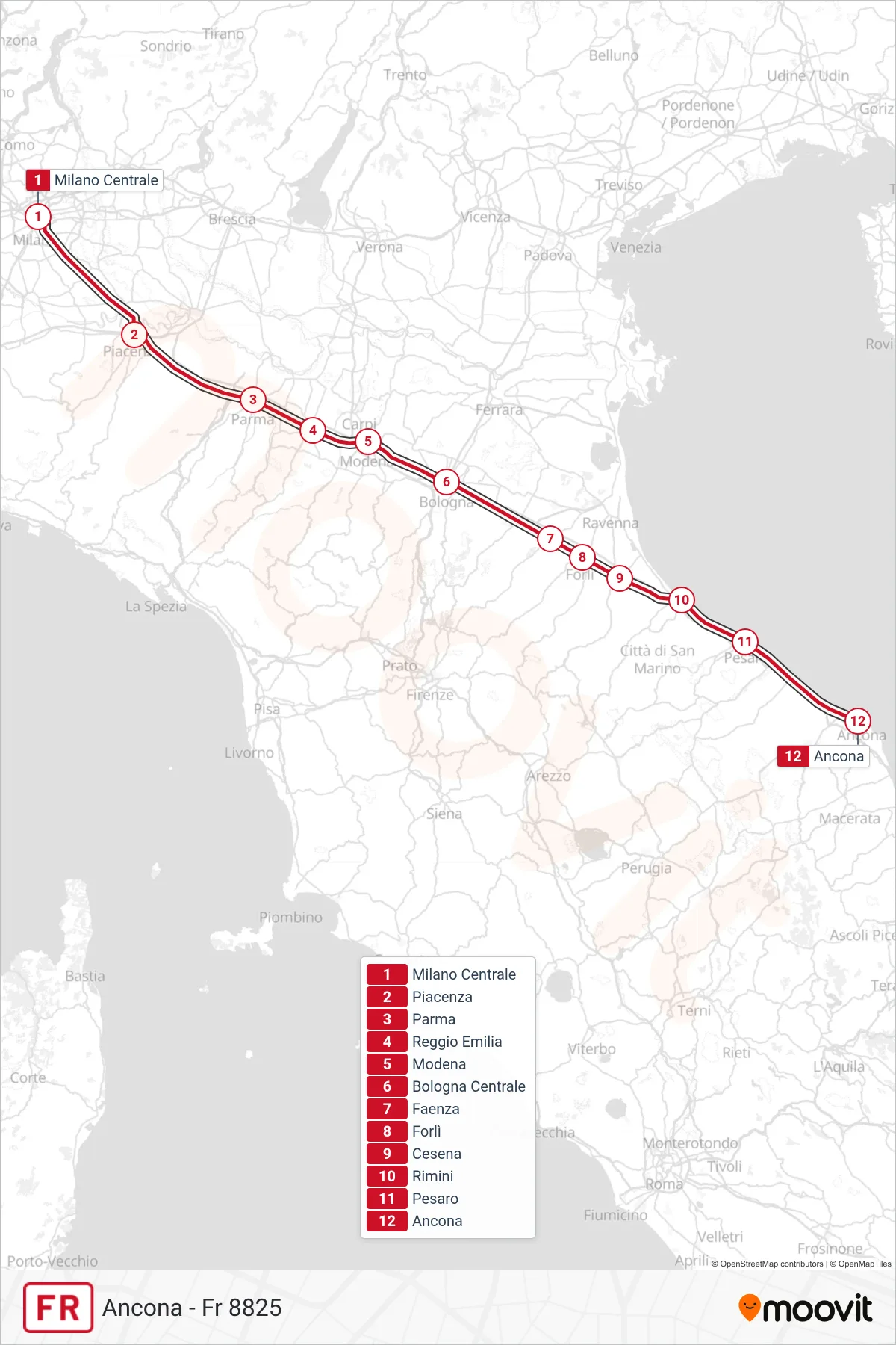 Linea FR treno (Ancona - Fr 8825) - Percorsi e fermate sulla mappa