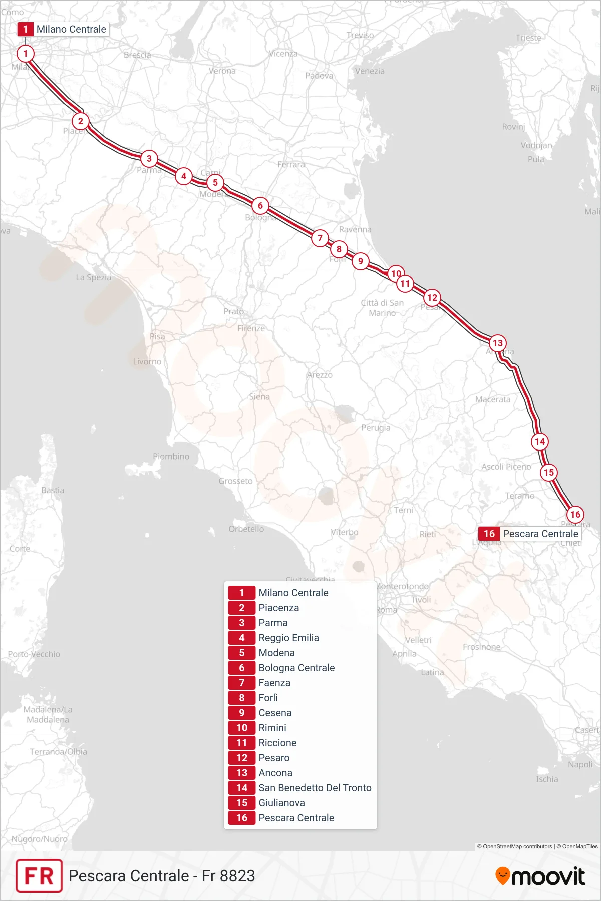 Linea FR  treno (Pescara Centrale - Fr 8823) - Percorsi e fermate sulla mappa