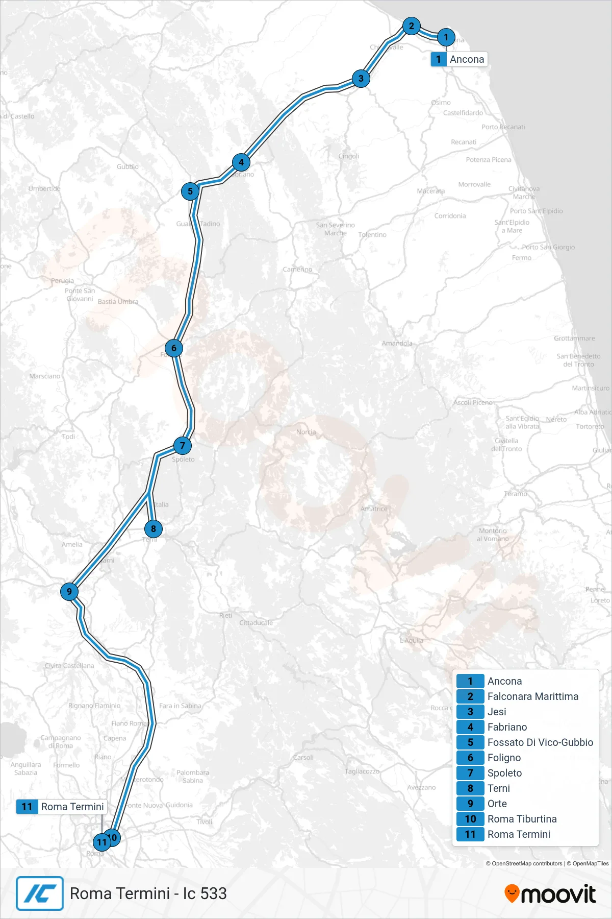 Linea IC treno (Roma Termini - Ic 533) - Percorsi e fermate sulla mappa