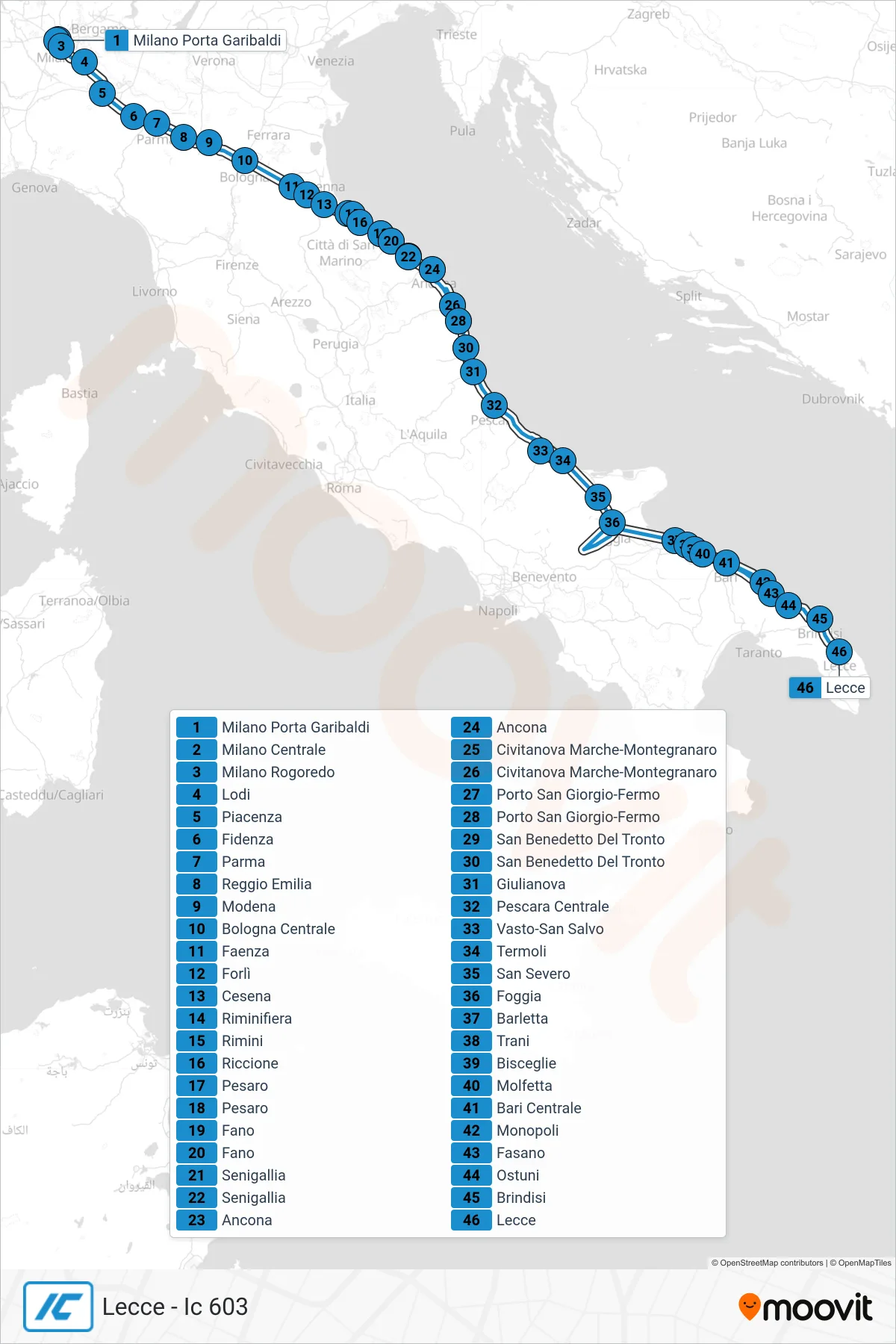 Linea IC treno (Lecce - Ic 603) - Percorsi e fermate sulla mappa