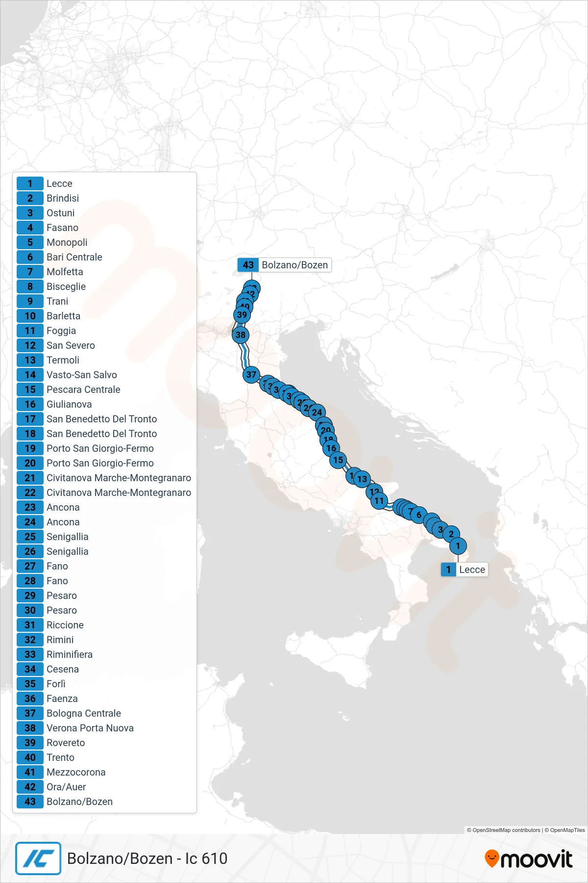 Linea IC treno (Bolzano/Bozen - Ic 610) - Percorsi e fermate sulla mappa