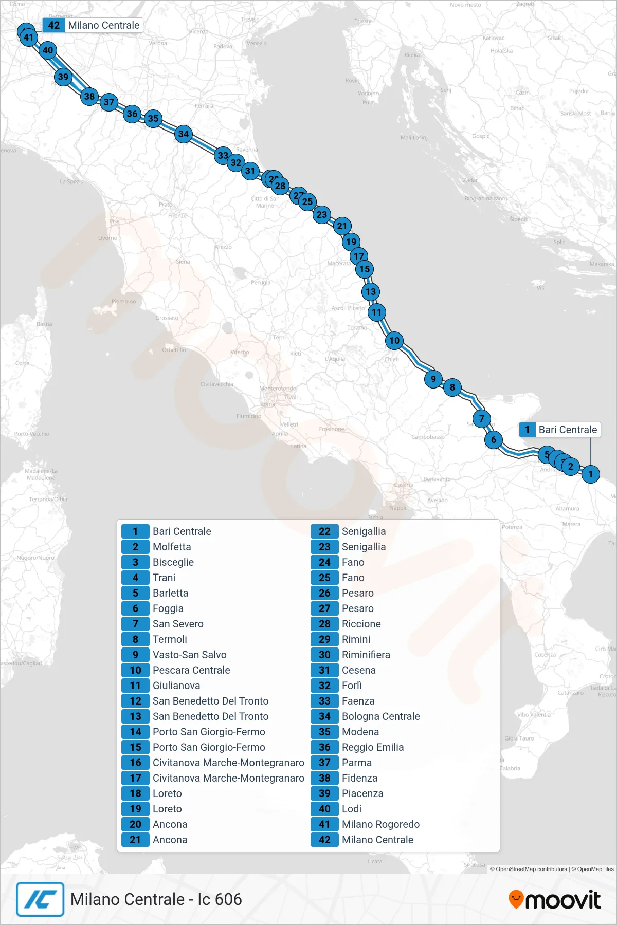 Linea IC treno (Milano Centrale - Ic 606) - Percorsi e fermate sulla mappa