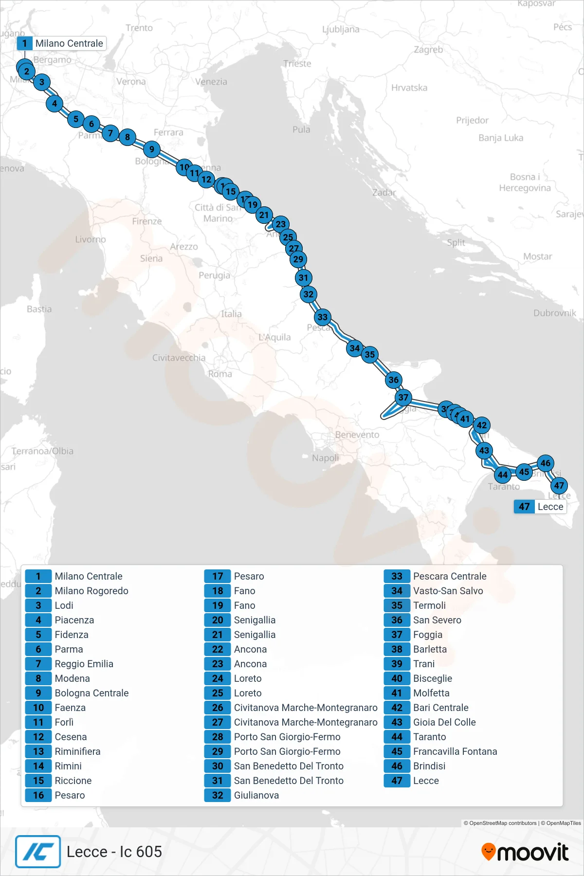 Linea IC treno (Lecce - Ic 605) - Percorsi e fermate sulla mappa