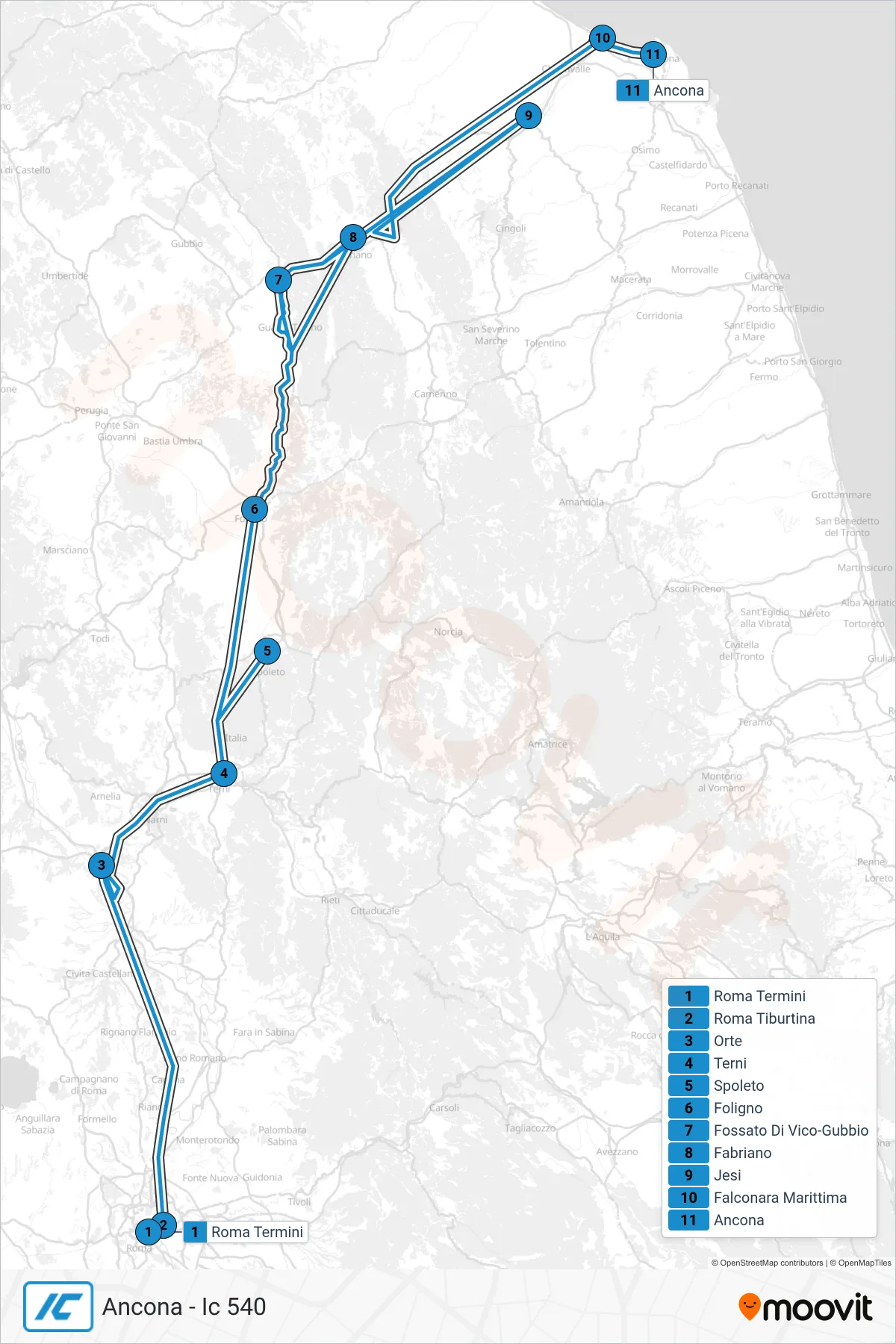Linea IC treno (Ancona - Ic 540) - Percorsi e fermate sulla mappa