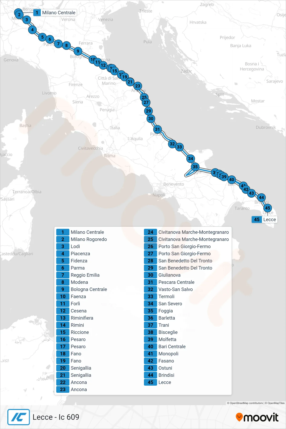 Linea IC treno (Lecce - Ic 609) - Percorsi e fermate sulla mappa