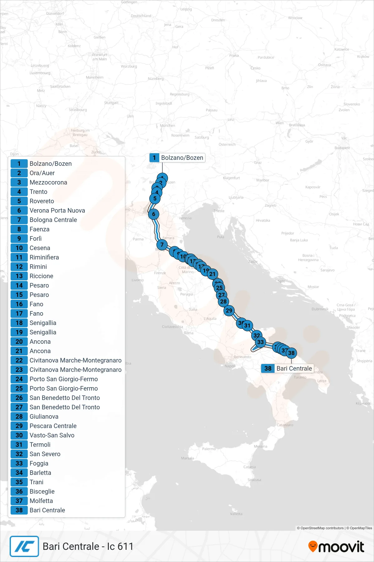 Linea IC treno (Bari Centrale - Ic 611) - Percorsi e fermate sulla mappa