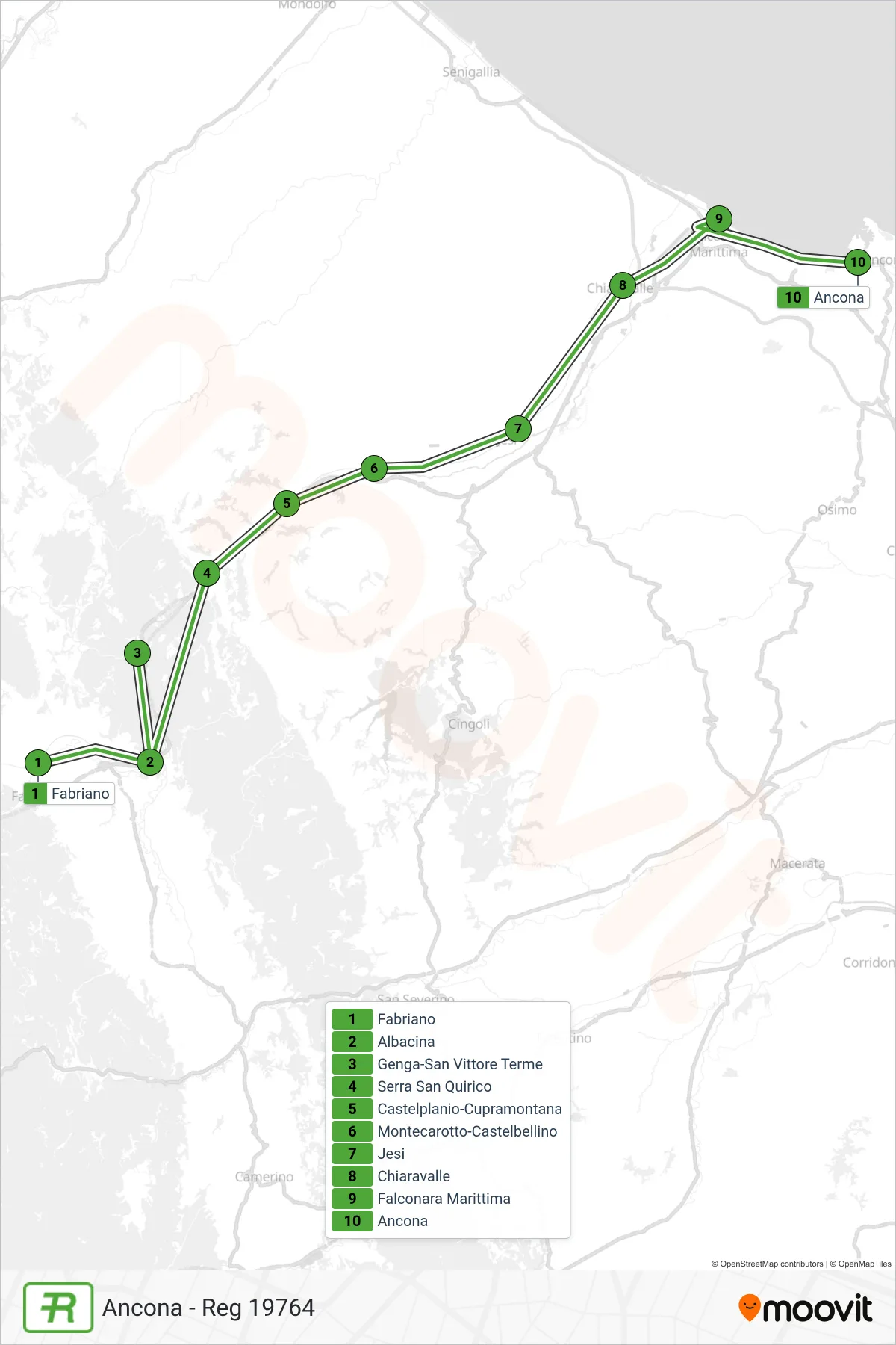 Linea REG treno (Ancona - Reg 19764) - Percorsi e fermate sulla mappa