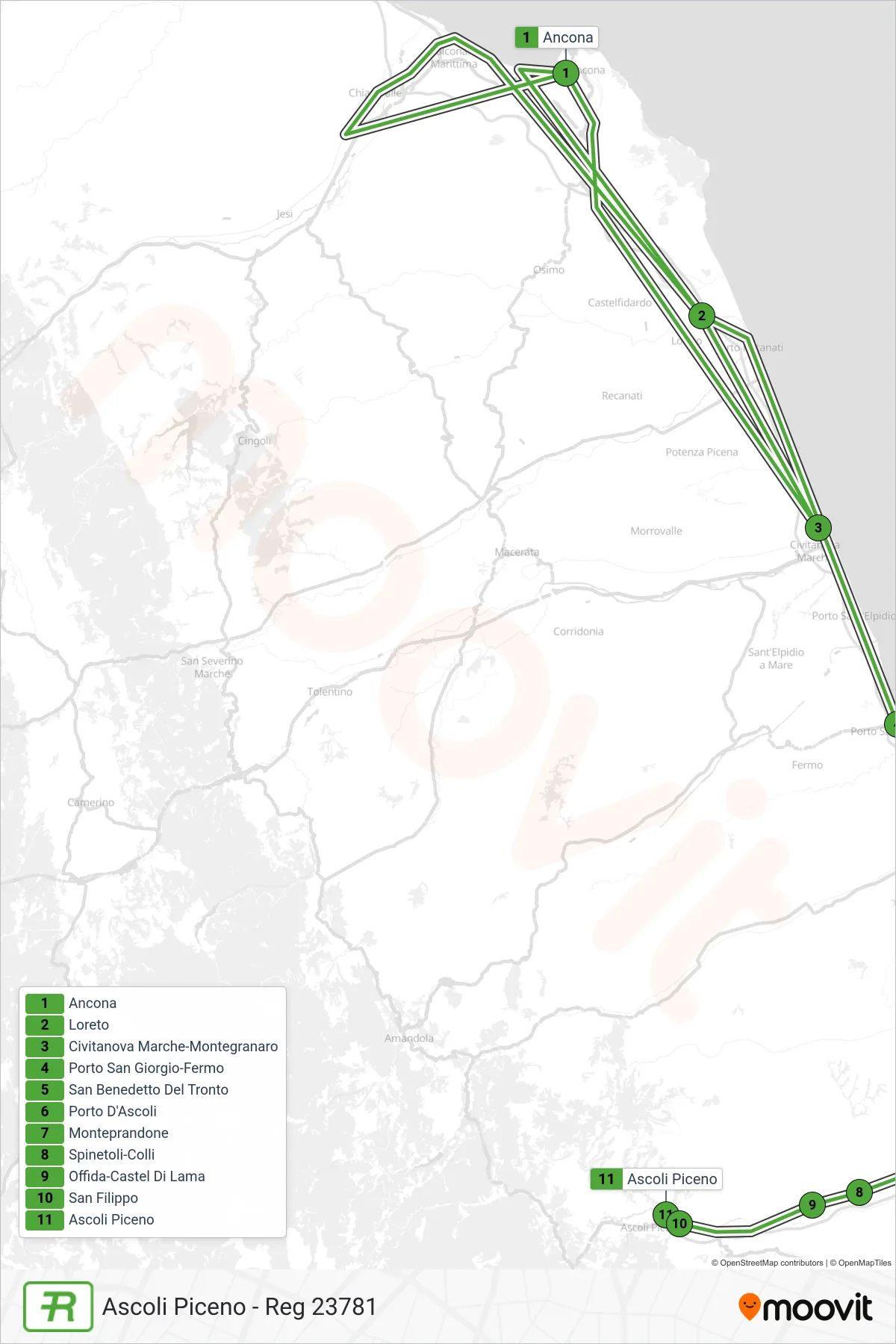 Linea REG  treno (Ascoli Piceno - Reg 23781) - Percorsi e fermate sulla mappa