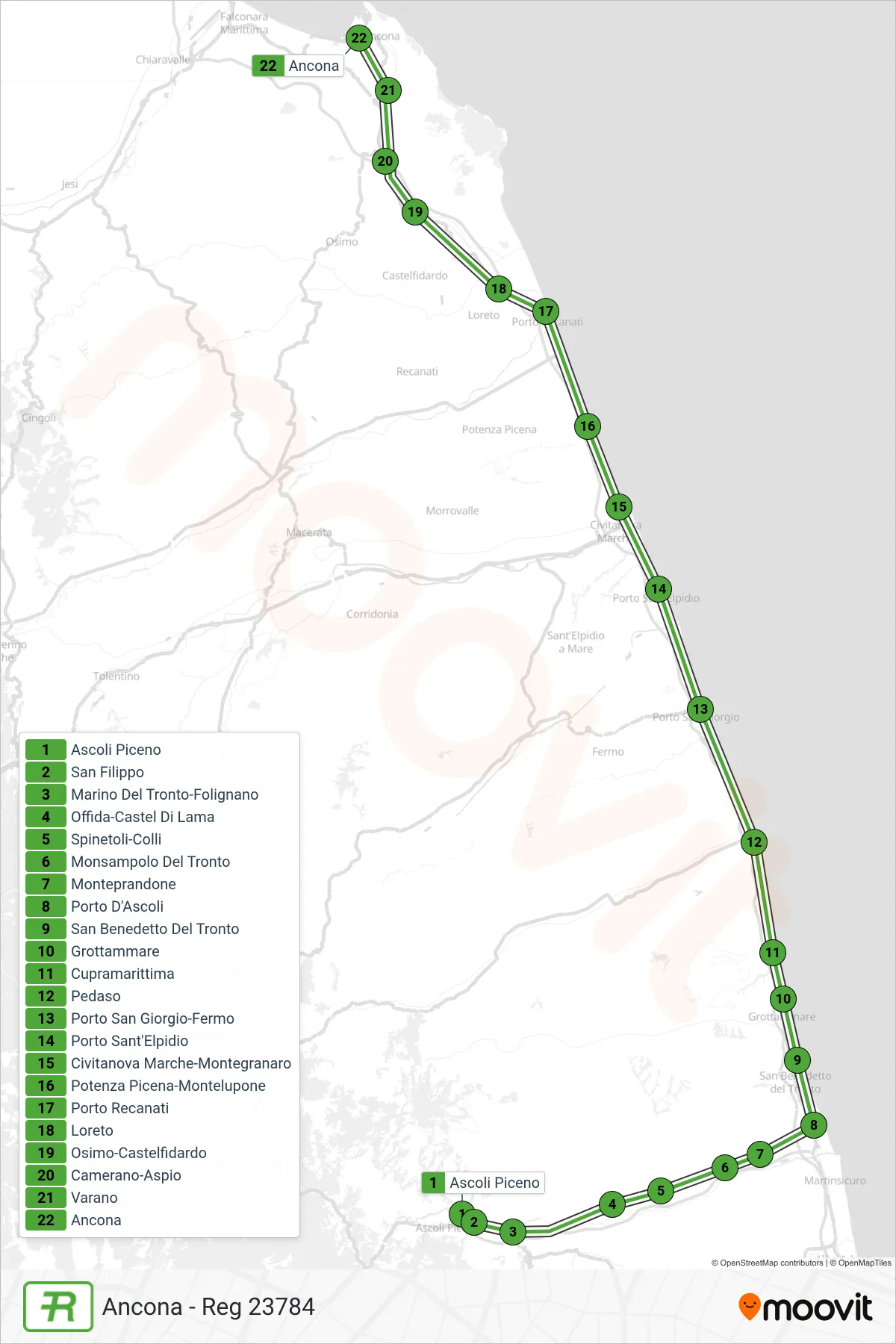 Linea REG  treno (Ancona - Reg 23784) - Percorsi e fermate sulla mappa