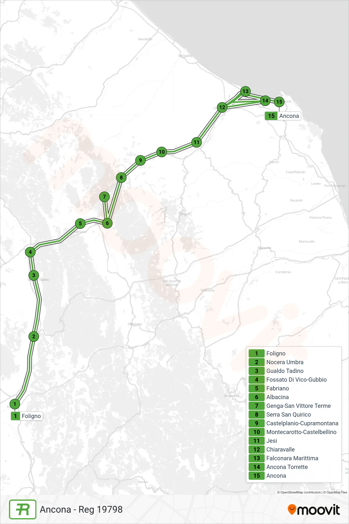 Linea REG treno (Ancona - Reg 19798) - Percorsi e fermate sulla mappa