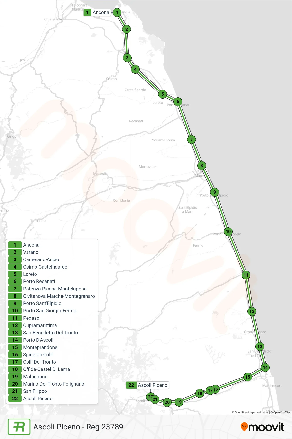 Linea REG  treno (Ascoli Piceno - Reg 23789) - Percorsi e fermate sulla mappa