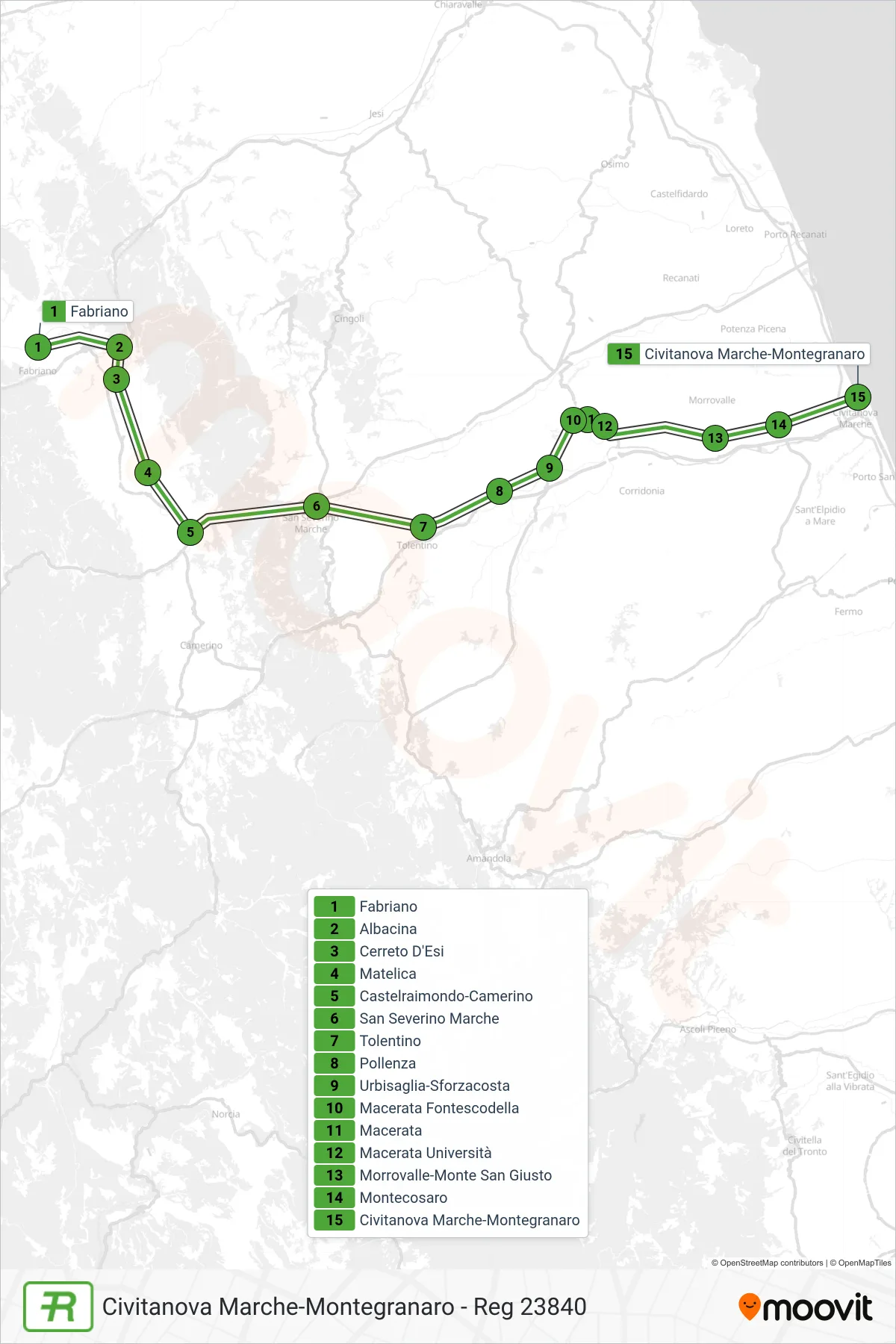 Linea REG treno (Civitanova Marche-Montegranaro - Reg 23840) - Percorsi e fermate sulla mappa
