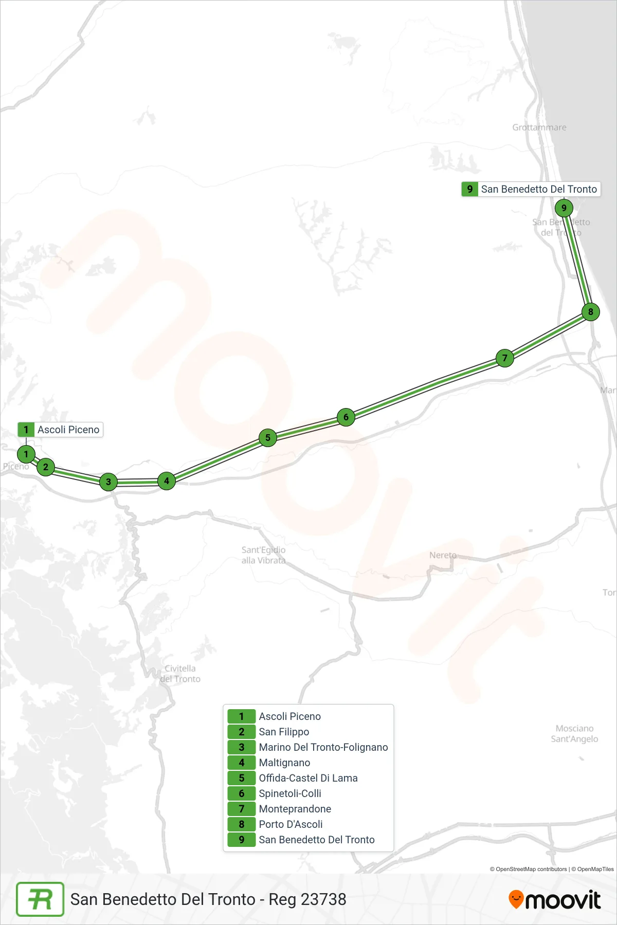 Linea REG  treno (San Benedetto Del Tronto - Reg 23738) - Percorsi e fermate sulla mappa