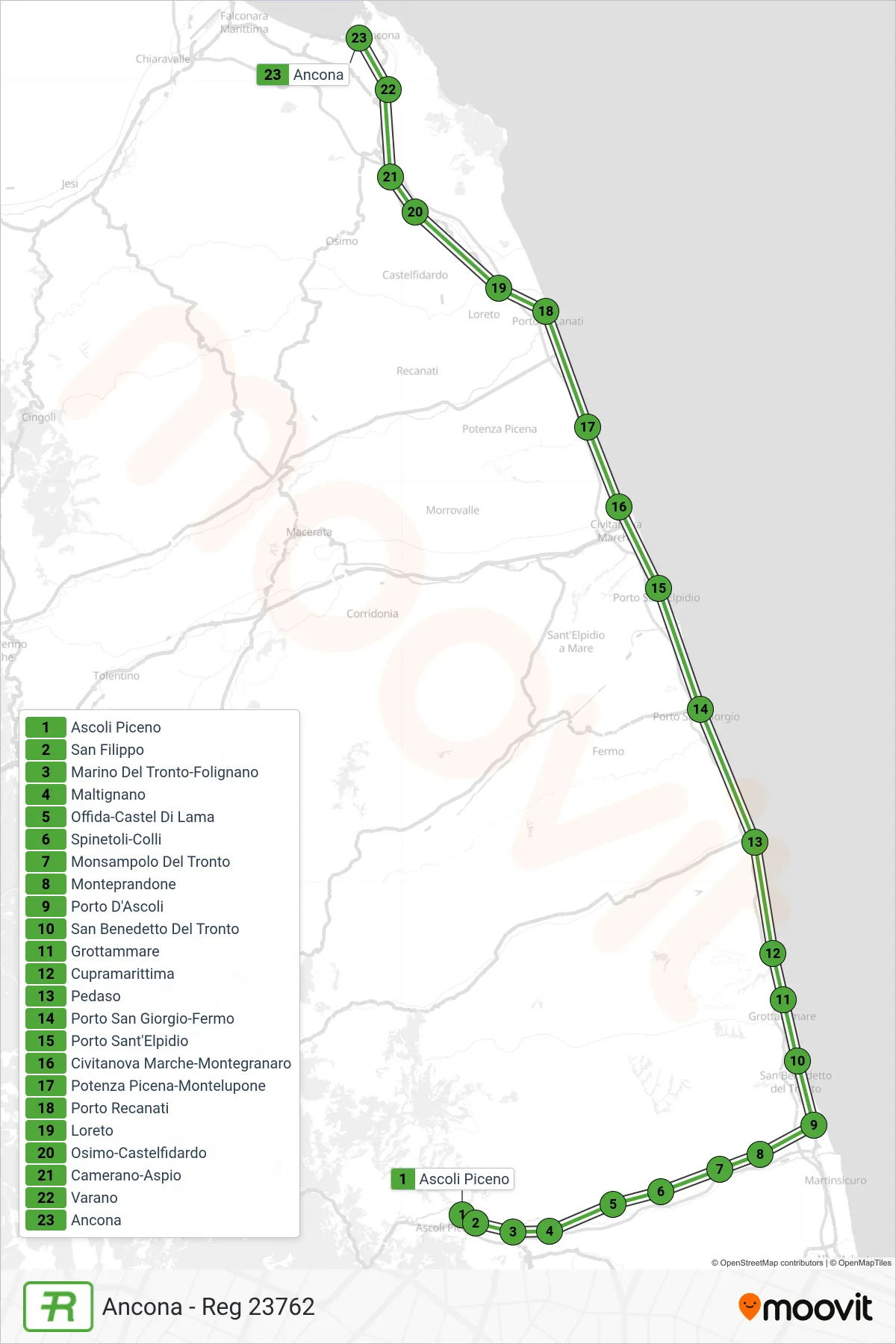 Linea REG  treno (Ancona - Reg 23762) - Percorsi e fermate sulla mappa
