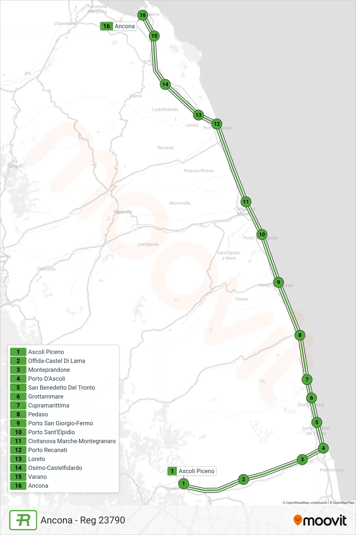 Linea REG  treno (Ancona - Reg 23790) - Percorsi e fermate sulla mappa