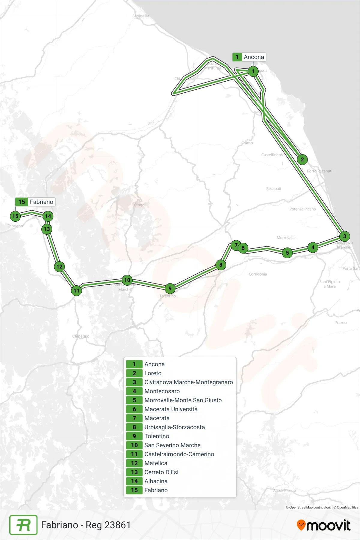 Linea REG  treno (Fabriano - Reg 23861) - Percorsi e fermate sulla mappa
