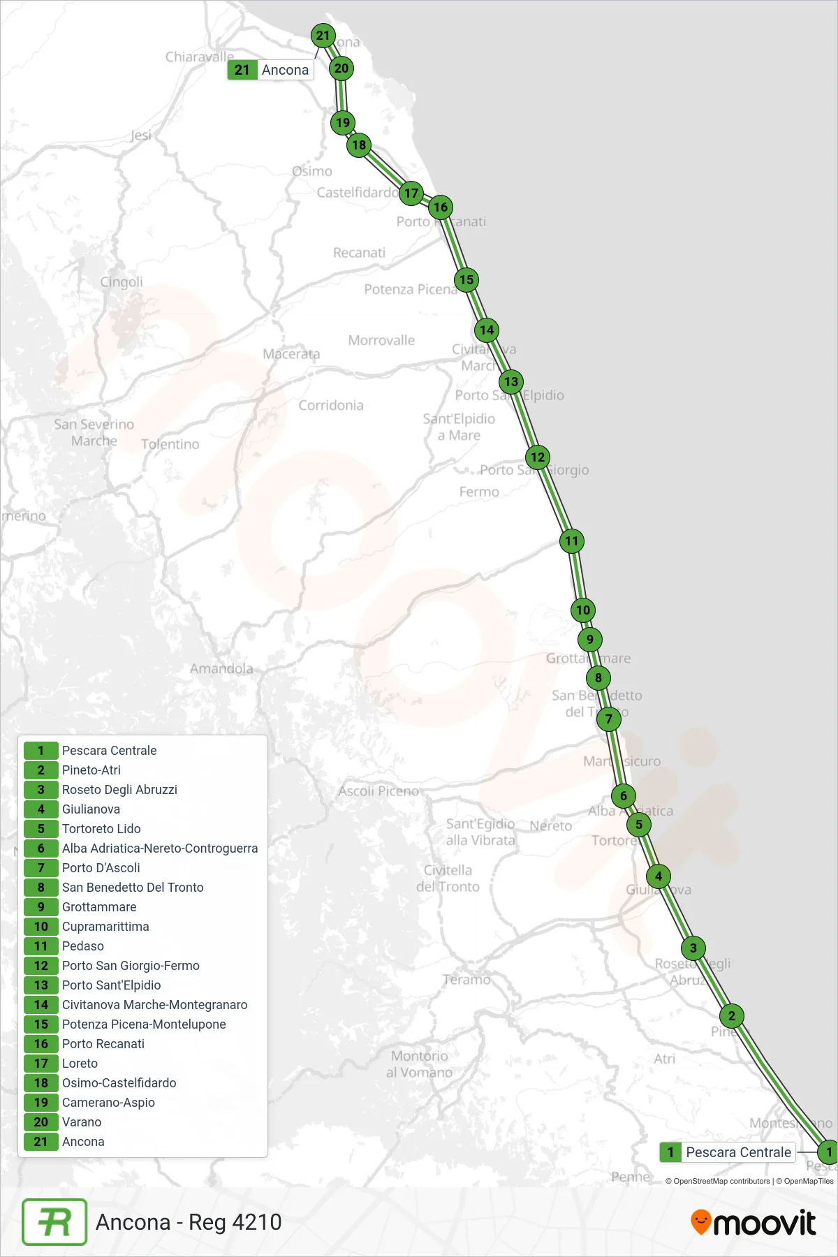 Linea REG treno (Ancona - Reg 4210) - Percorsi e fermate sulla mappa