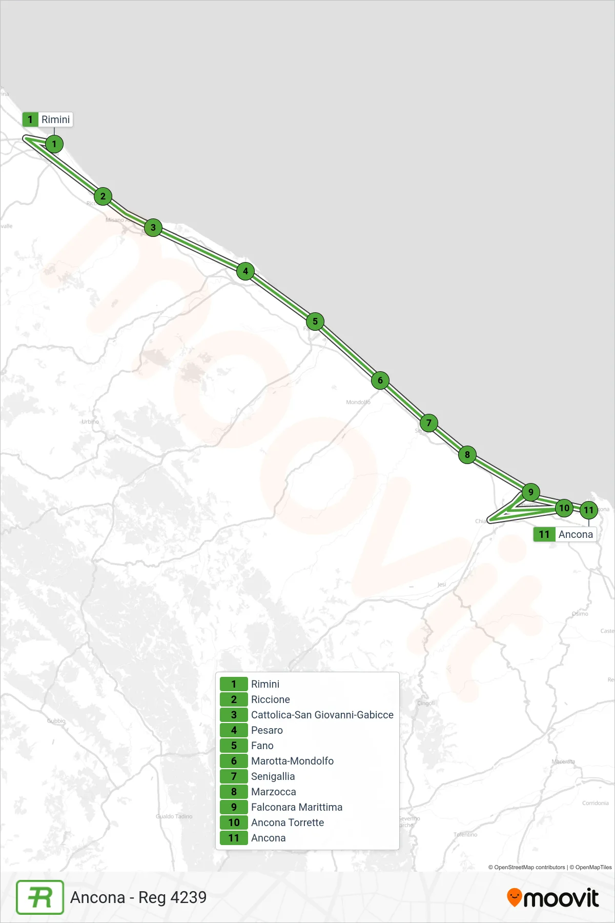Linea REG  treno (Ancona - Reg 4239) - Percorsi e fermate sulla mappa